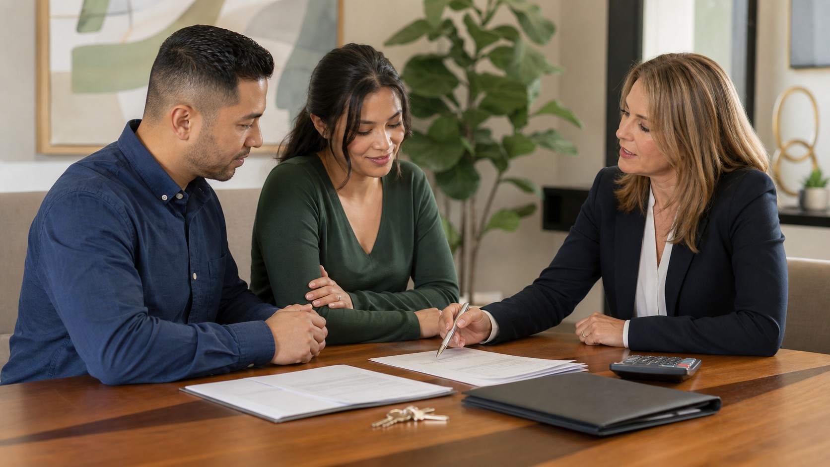 Buyer and seller reviewing closing cost documents with a settlement professional