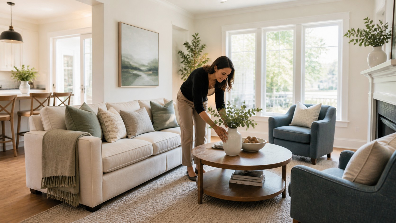 Home stager arranging greenery in a bright staged living room before a showing