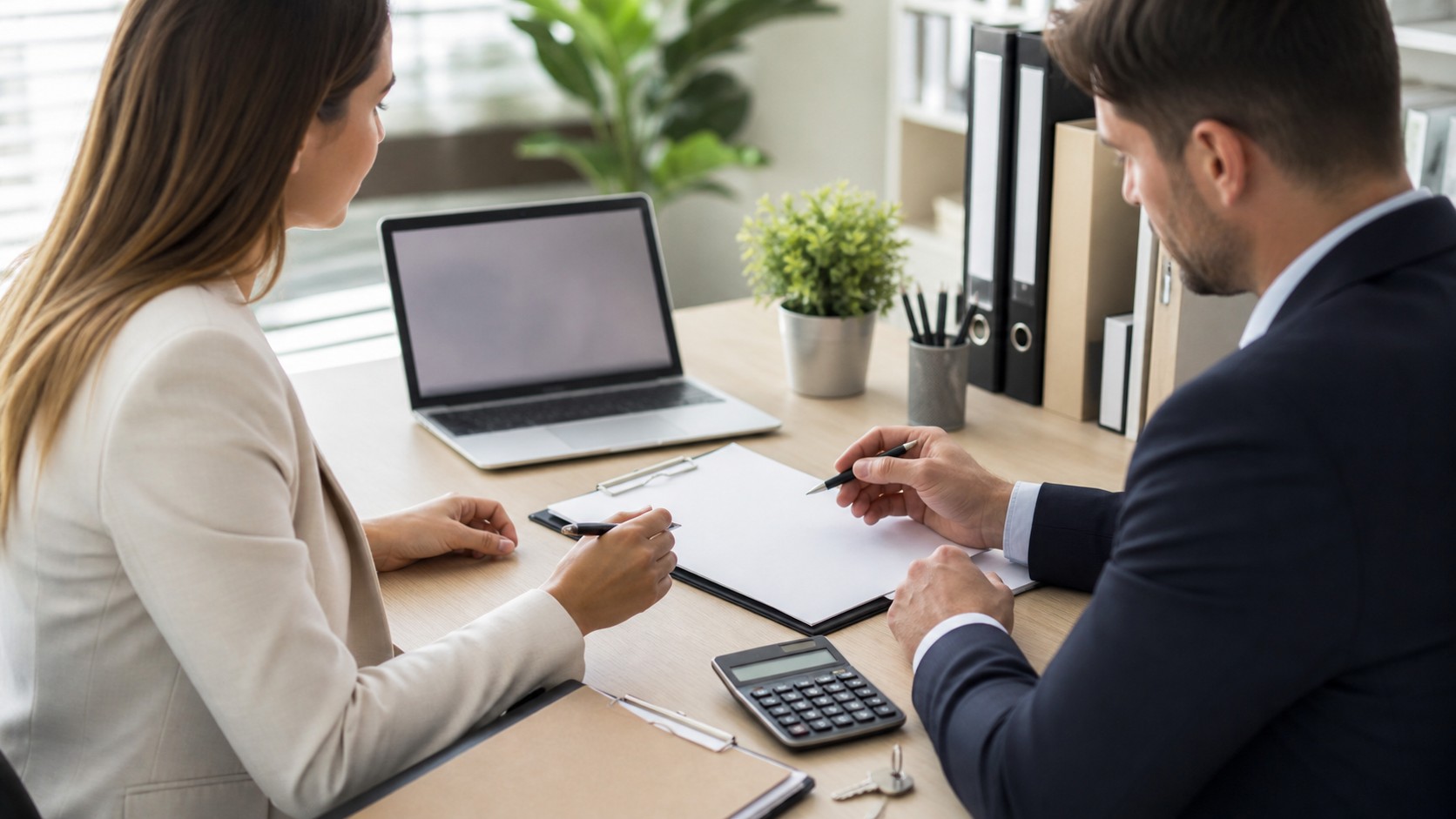 Real estate professionals reviewing commission paperwork at an organized office desk