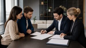Two real estate professionals reviewing blank documents with clients in a modern office