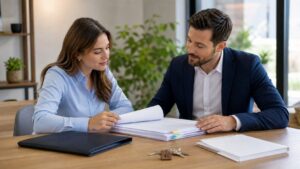 Buyer reviewing organized real estate documents with an agent in a quiet office