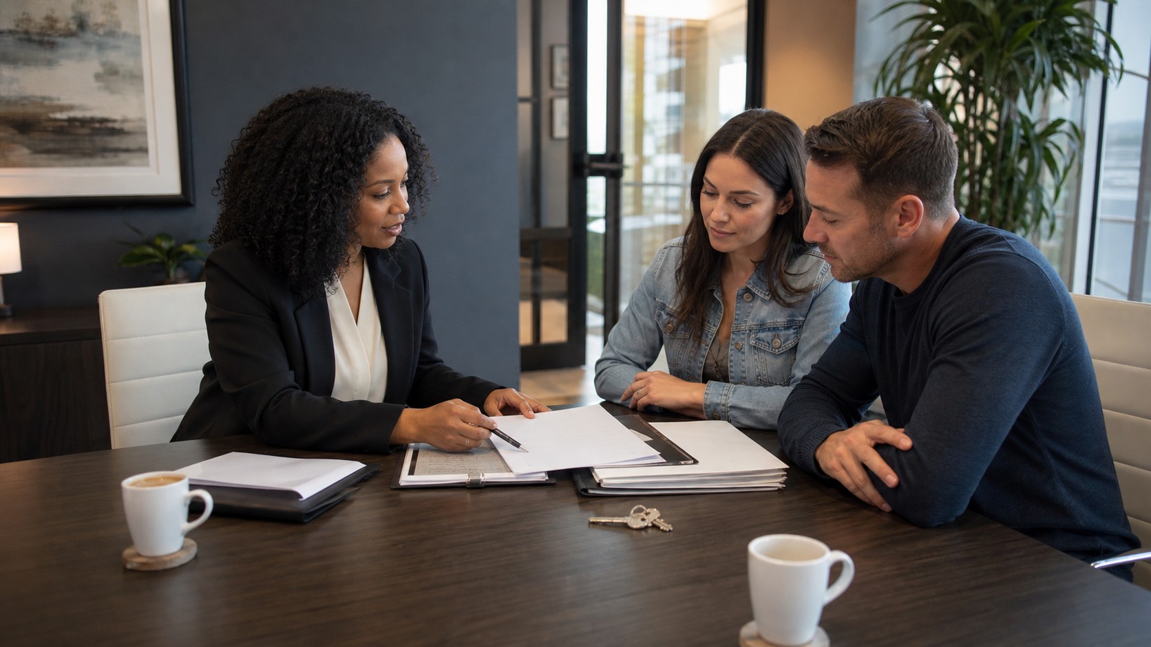 A closing coordinator reviewing a checklist with buyers at a conference table