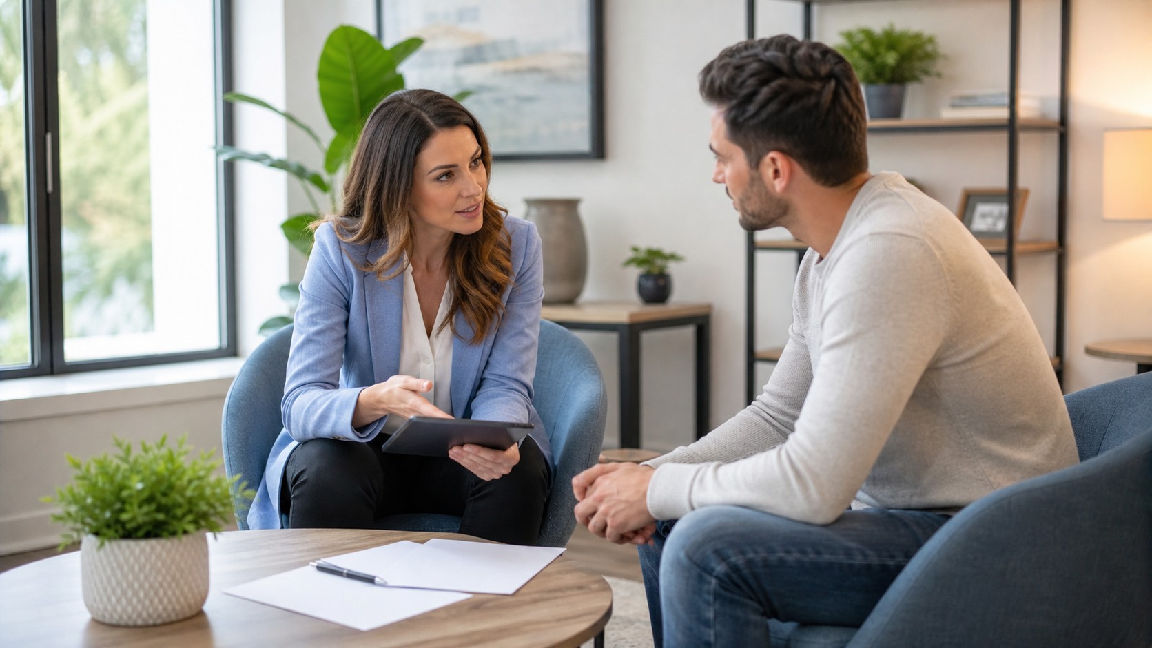 Real estate agent explaining commission and representation options to a client