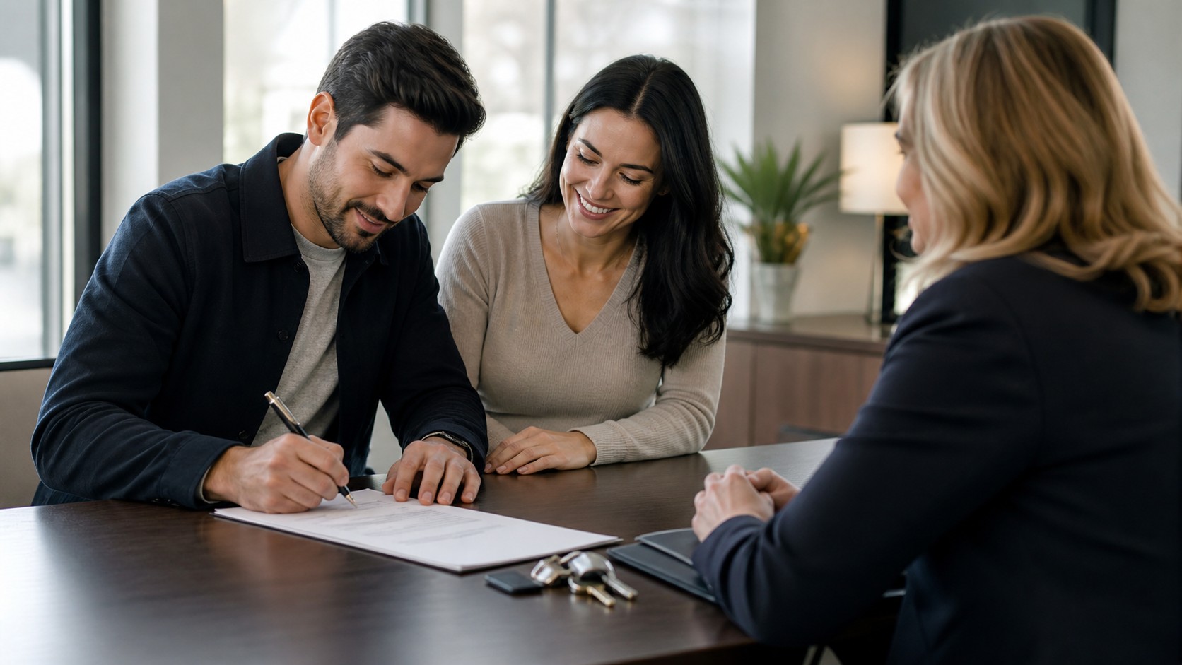 Home buyers signing closing documents at a title office with keys nearby
