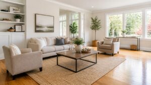 A staged living room with neutral furniture, natural light, and a real estate preparation feel