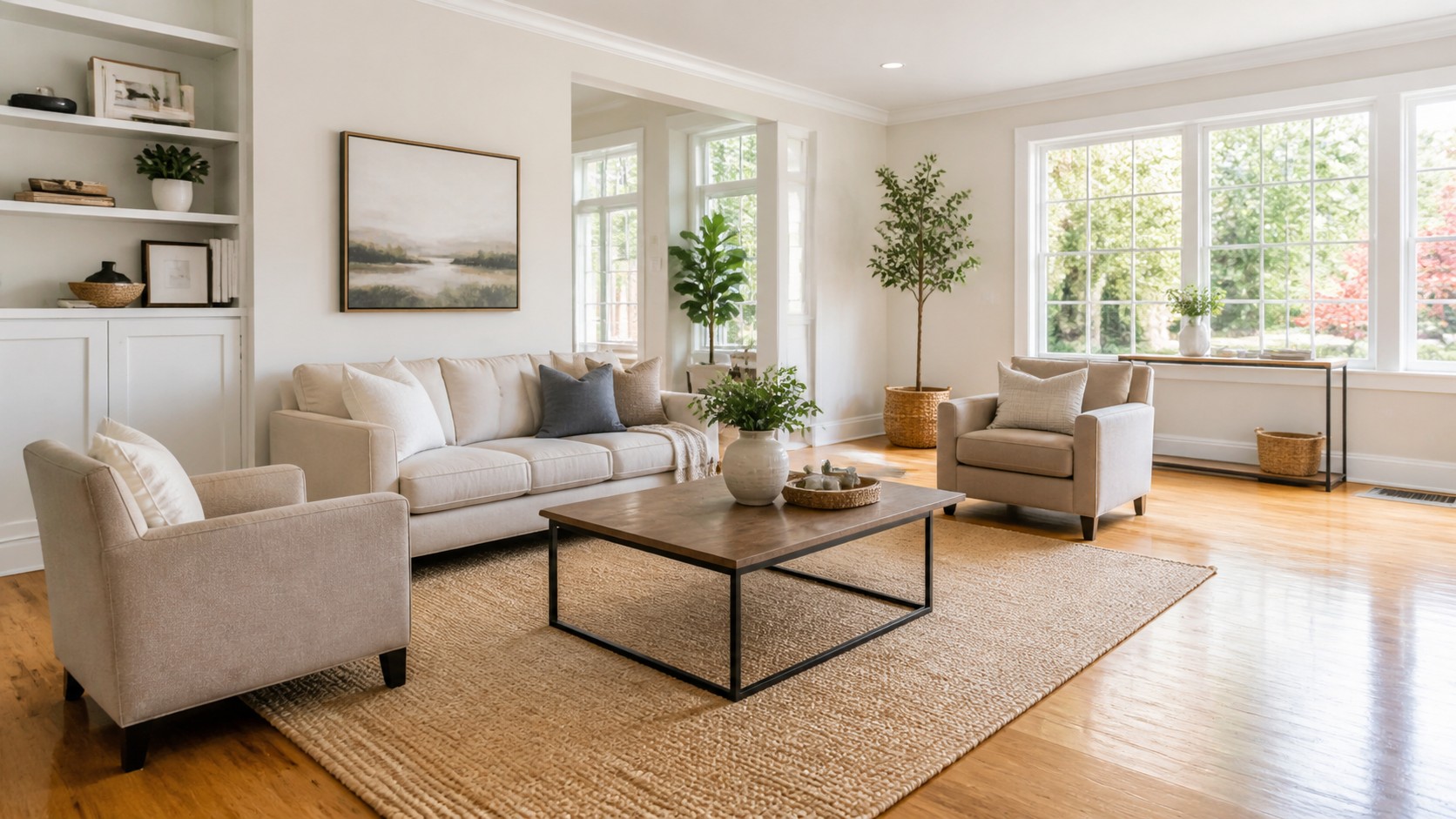 A staged living room with neutral furniture, natural light, and a real estate preparation feel