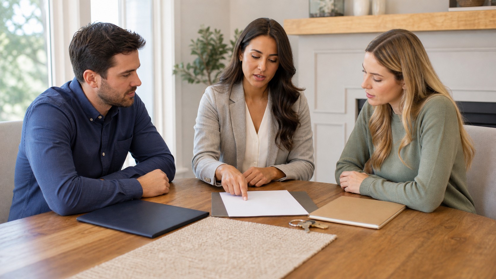 Buyer seller and agent discussing commission payment terms at a table